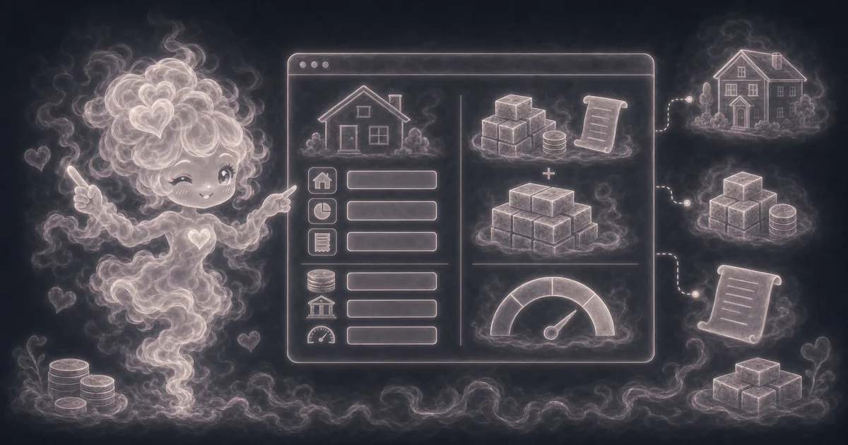 Smoke mascot beside a down payment calculator screen with home price, down payment, closing costs, loan amount, and LTV.