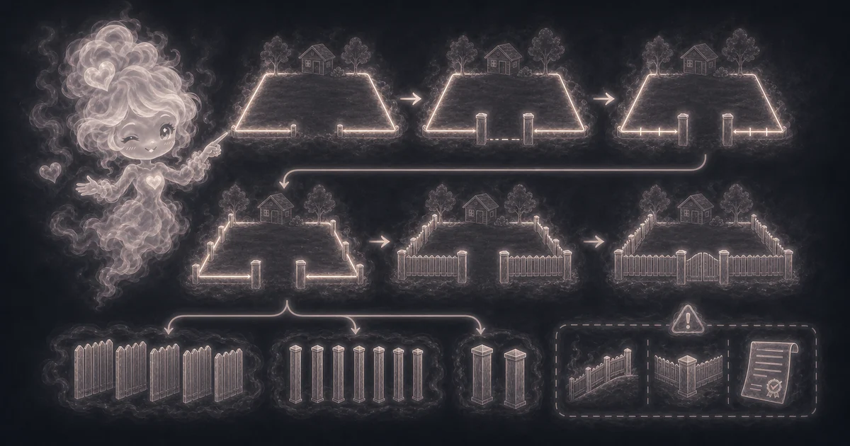 Fence Calculator guide artwork supports the walkthrough by showing gate subtraction, post counts, panel layout, and real-job cautions. Smoke mascot checking fence gates, line posts, corner posts, brace posts, rails, pickets, concrete, hardware, slope, utilities, setbacks, and permits.