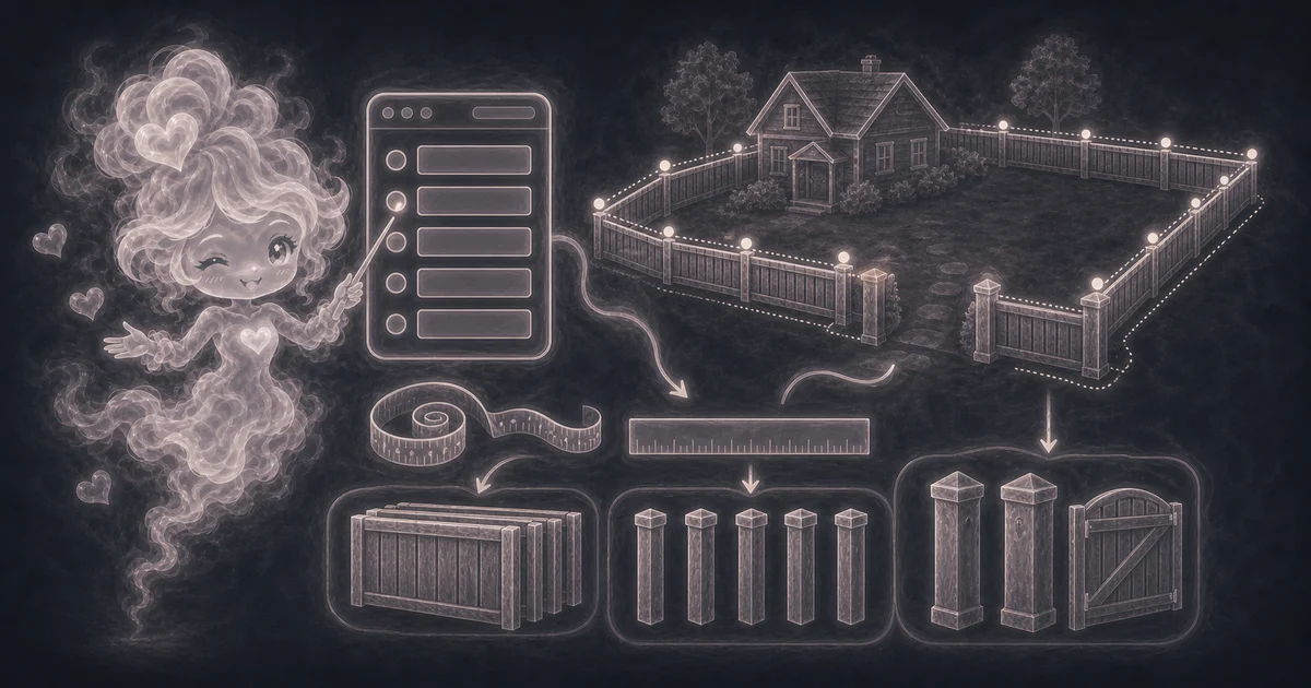 Fence Calculator artwork matches the live workflow: enter perimeter, panel width, post spacing, gates, and gate width to estimate panels and posts. Smoke mascot planning a 120 foot fence with one 4 foot gate, 116 feet of panel run, 15 panels, and 18 total posts.