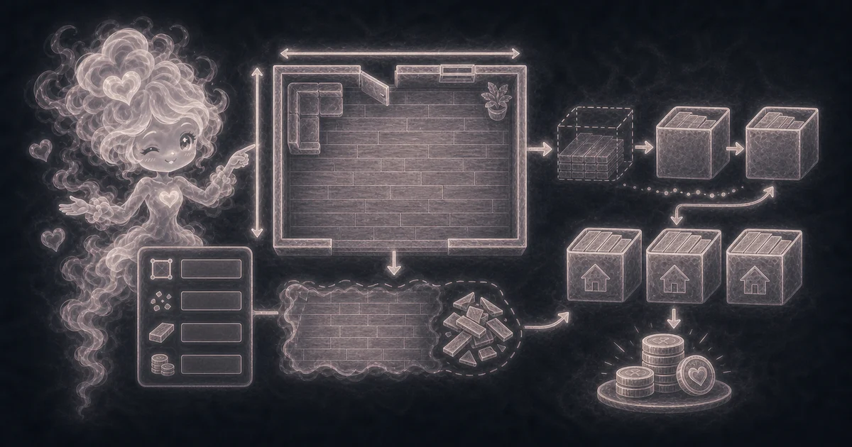 The tool artwork shows the live calculator job: turn measured floor area, waste percent, box coverage, and box price into whole cartons and rough material cost. Smoke mascot pointing at a floor plan, cut flooring pieces, stacked cartons, and coins for the Flooring Calculator.