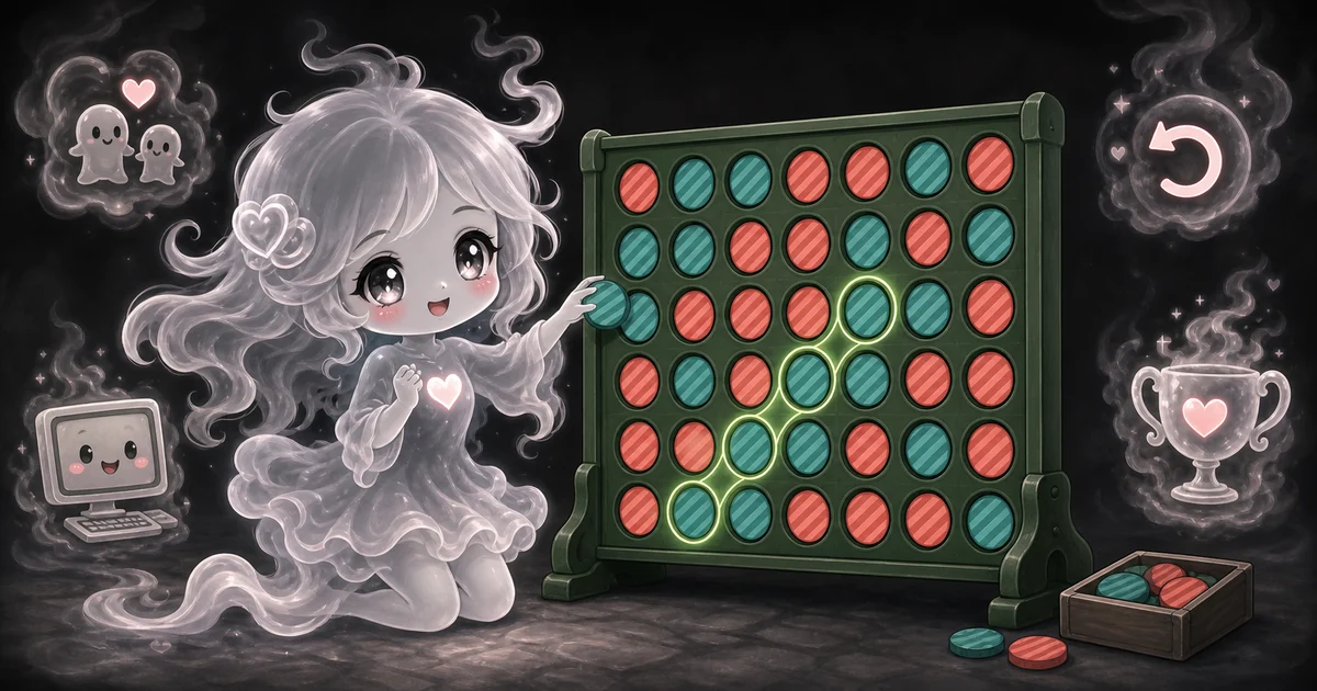 Smoke-kawaii mascot playing a 7-column Four in a Row board with teal and coral patterned pieces and a highlighted diagonal win.