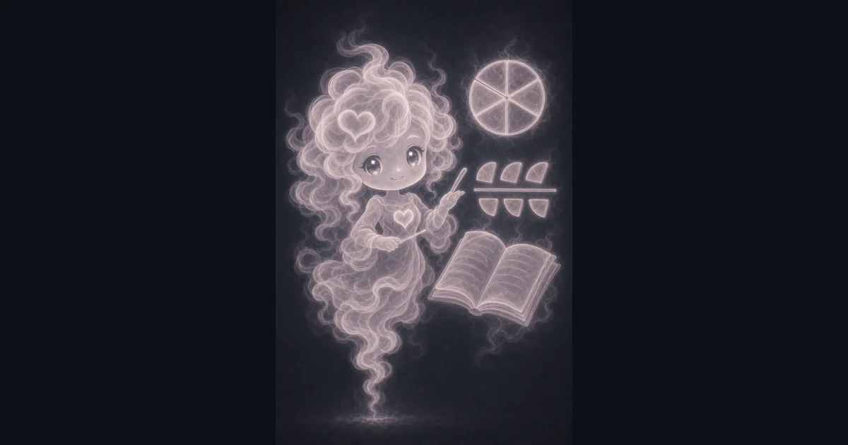 The guide artwork matches the page's job: reading fraction pieces, mixed numbers, and step-by-step fraction rules before checking the calculator. Smoke mascot pointing beside an open book, a divided circle, and fraction pieces for the Fraction Calculator guide.