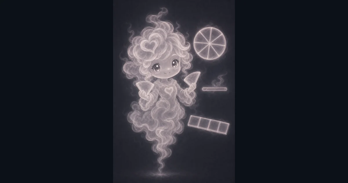The tool artwork shows fraction parts visually; the calculator turns the typed fractions into simplified, mixed-number, improper-fraction, and decimal answers. Smoke mascot holding fraction-piece shapes beside a divided circle, fraction bar, and small fraction strip for the Fraction Calculator.
