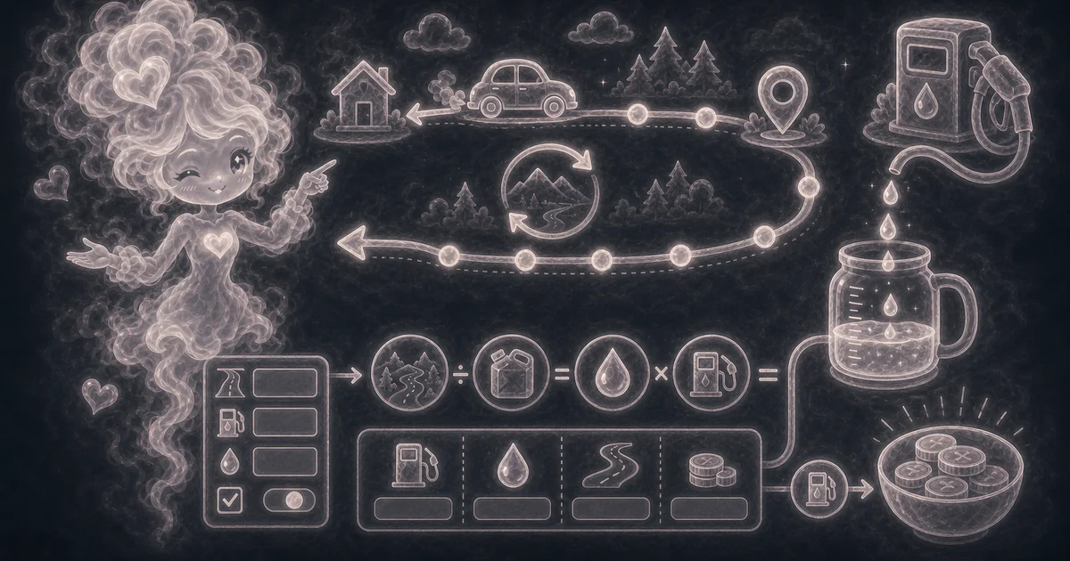 The Fuel Cost Calculator artwork matches the live tool: miles, MPG, fuel price, round trip, gallons needed, and cost per mile. Smoke mascot beside a gas pump, route line, MPG gauge, and fuel-cost result cards for the Fuel Cost Calculator.