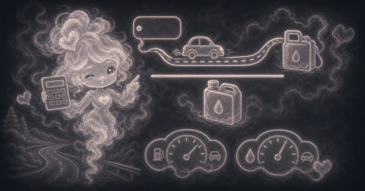 The tool art follows the page workflow: enter miles and gallons from the same fill-up, then read MPG, gallons per 100 miles, and L/100 km. Smoke mascot beside an odometer, fuel pump, 350 miles, 12.5 gallons, and MPG result cards.