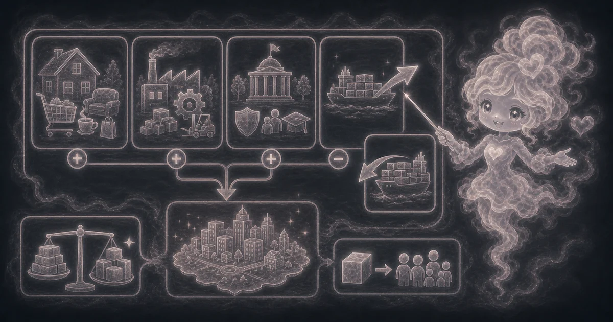 GDP Calculator guide artwork shows the expenditure approach as spending blocks flowing into a city output result, with exports minus imports and population scale called out visually. Smoke mascot pointing to GDP spending blocks for consumption, investment, government spending, exports minus imports, and GDP per person.