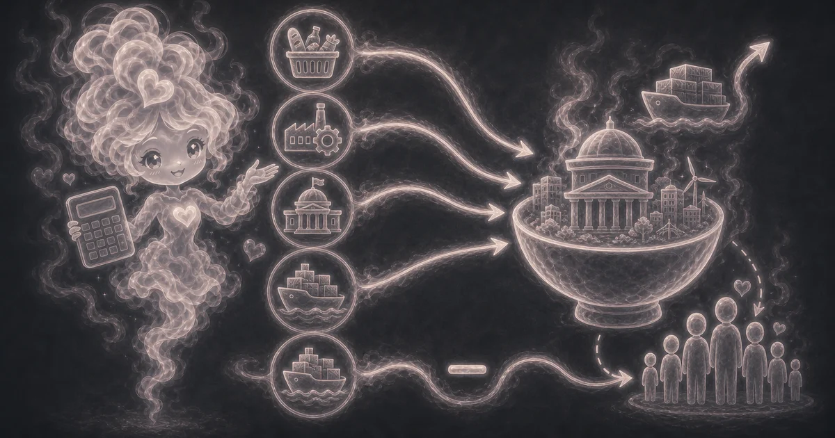 GDP Calculator artwork matches the tool inputs: consumption, investment, government spending, exports, imports, and optional population for GDP per person. Smoke mascot holding a calculator beside GDP inputs for consumption, investment, government spending, exports, imports, and population.