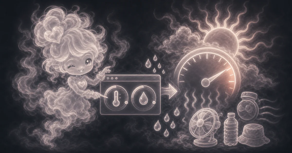 The Heat Index Calculator artwork matches the live tool: enter Fahrenheit temperature and humidity to estimate apparent heat. Smoke mascot beside weather cards for air temperature, relative humidity, heat index, and Celsius result.