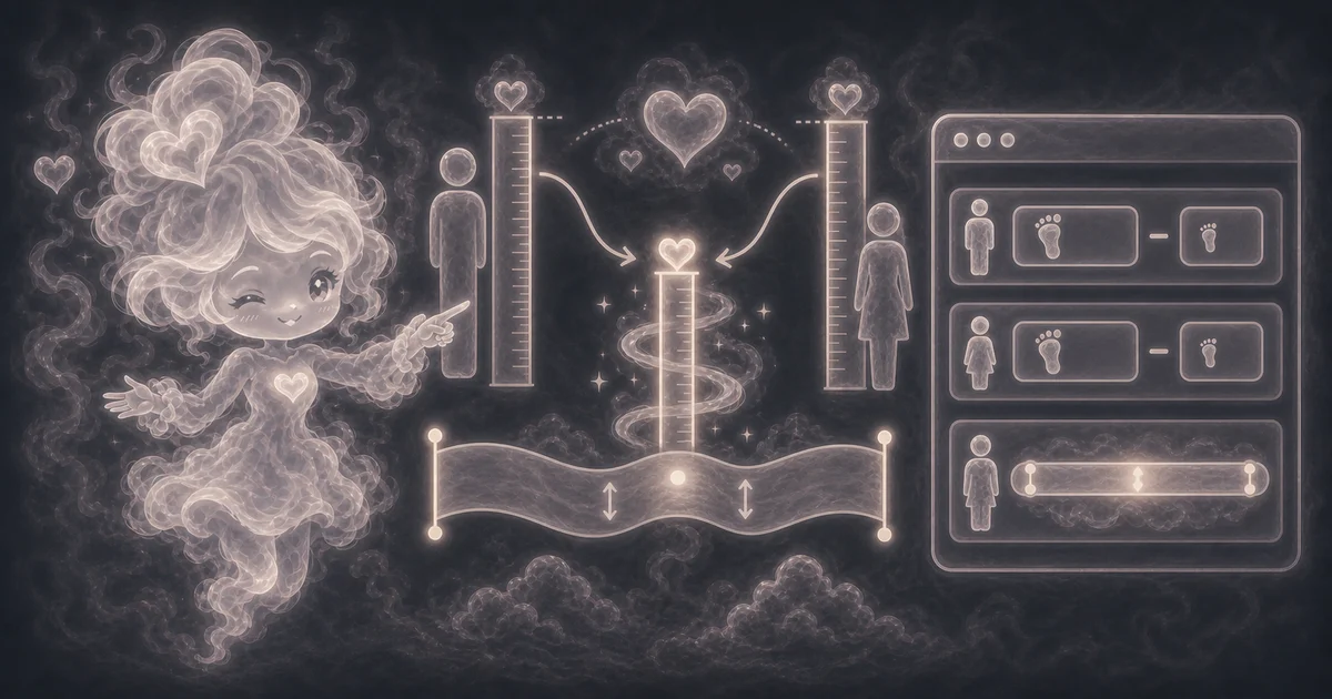 Height Calculator artwork matches the tool: parent heights, child estimate type, centimeter output, and the rough adult-height range are shown as ruler-style visuals. Smoke mascot beside parent height rulers, child icons, footprint inputs, and a glowing adult-height range bar.