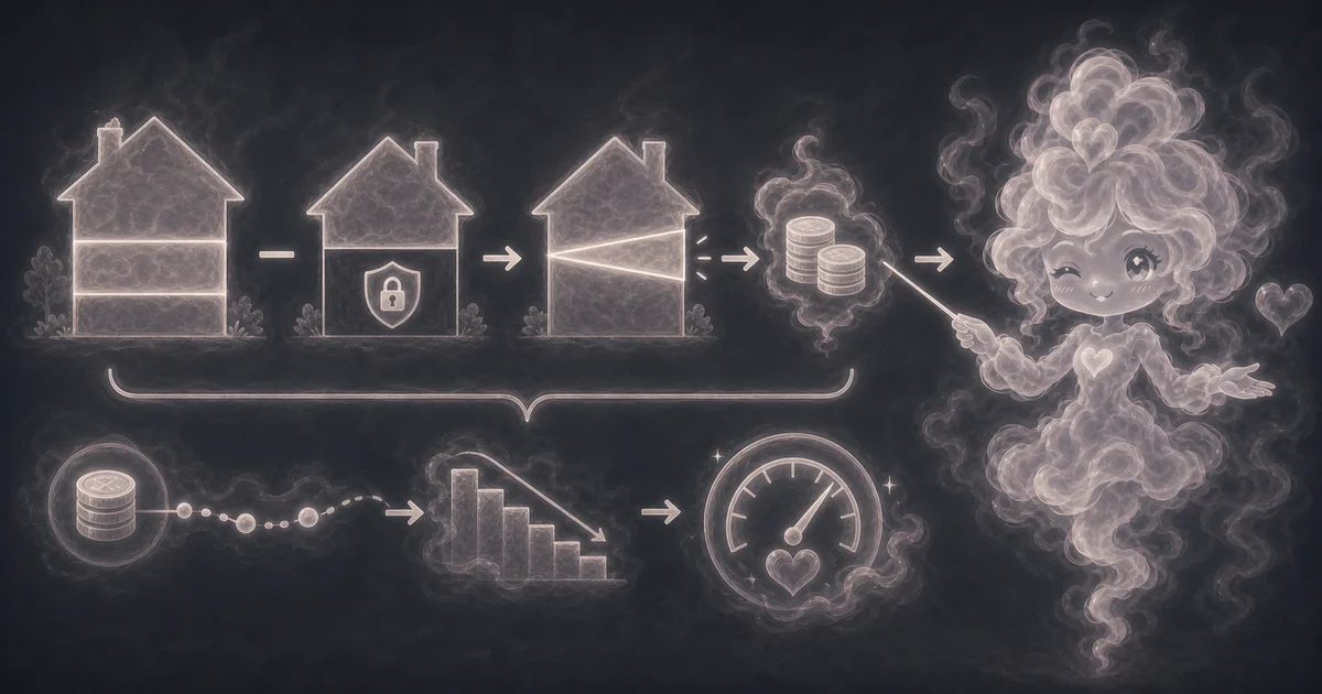 The guide art shows the home-equity idea in steps: home value, existing mortgage debt, possible cash, payment pressure, and risk checks. Smoke mascot pointing from home equity icons to coins, a falling balance chart, and a payment gauge.