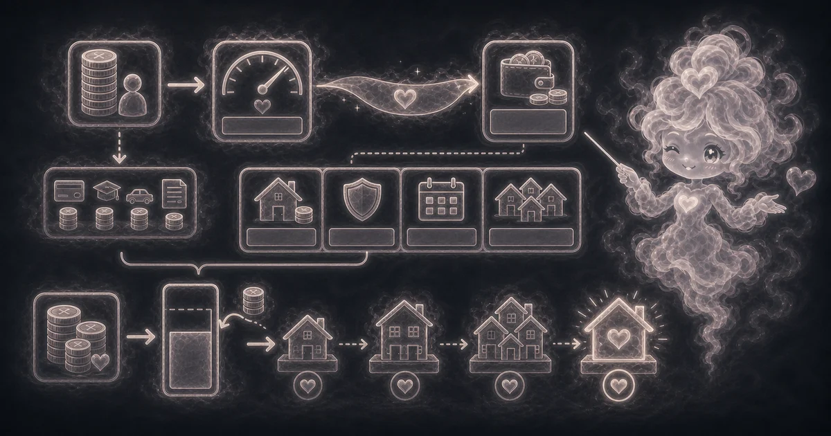 House Affordability Calculator guide artwork matches the walkthrough for income, debts, down payment, DTI target, property tax, insurance, HOA, and home price. Smoke mascot reviewing a home affordability worksheet with income, debts, down payment, DTI target, tax, insurance, and HOA notes.