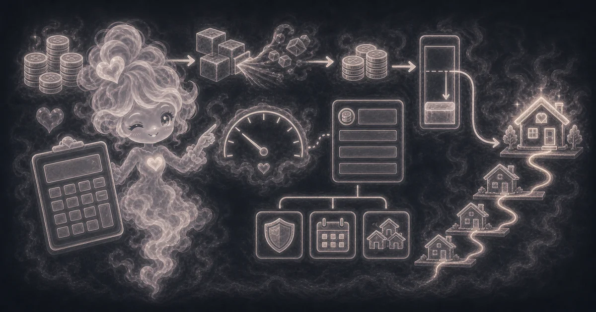 Smoke mascot beside a house affordability calculator screen with income, monthly debts, down payment, mortgage rate, and home price result cards.