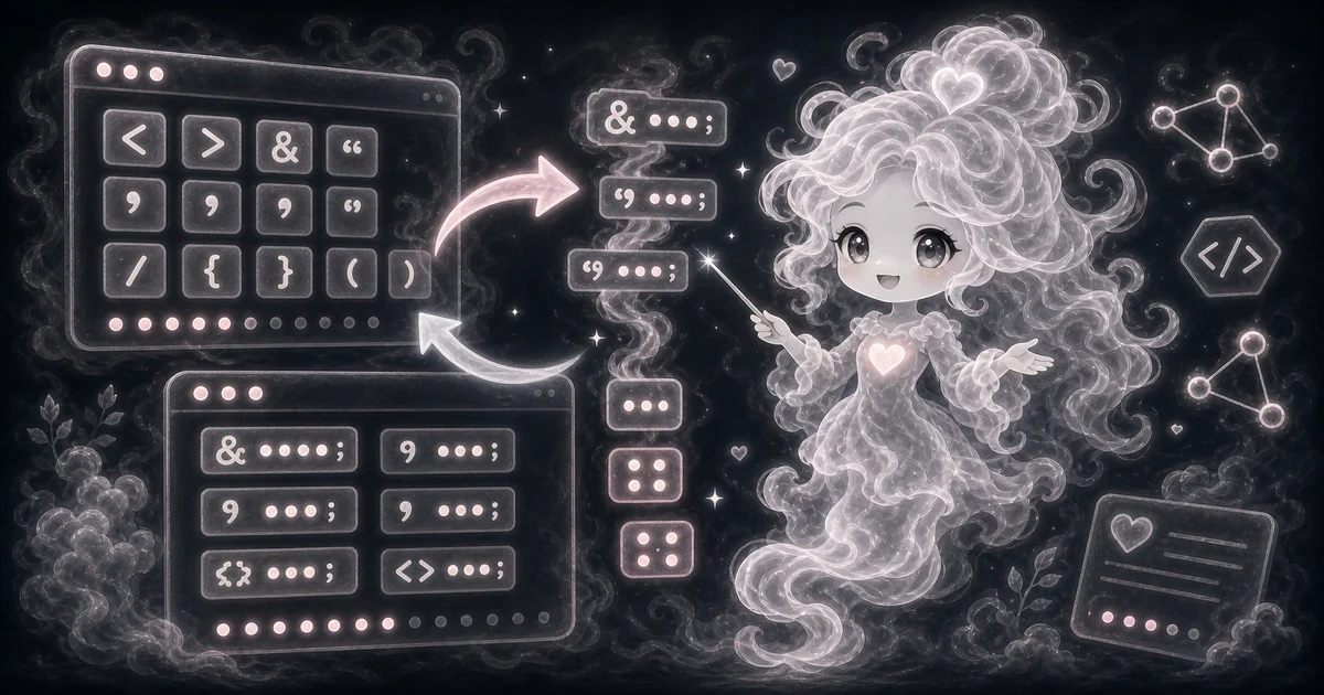 HTML Entity Encoder / Decoder artwork matches the live tool workflow: encode HTML-sensitive characters or decode common named and numeric HTML entities. Use it with the calculator, examples, and result notes. Illustration for HTML Entity Encoder / Decoder showing encode HTML-sensitive characters or decode common named and numeric HTML entities.