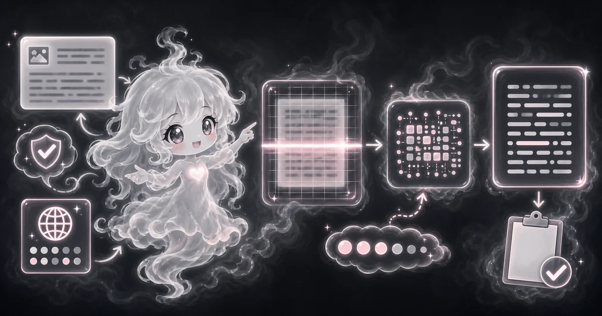 The guide artwork shows the OCR workflow: choose a clear image, let the browser read the text, then check the copied result before using it. Smoke mascot pointing from a scanned document grid through OCR blocks to editable text and a checked clipboard for the Image to Text OCR guide.