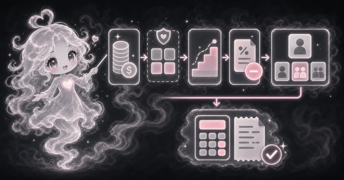 The guide artwork follows the income-tax walkthrough: start with income, apply a deduction, move through brackets, subtract credits, and compare filing statuses. Smoke mascot points from income coins through deduction blocks, bracket steps, a percent note, filing status cards, and a calculator result.