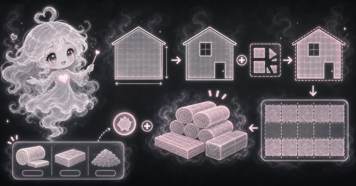 Smoke mascot measuring attic insulation beside R-value, square-foot coverage, and pack-count cards.