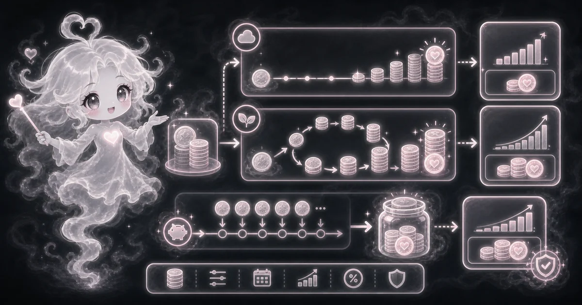 Interest Calculator artwork matches the live workflow: simple mode, compound mode, principal, annual interest rate, time in years, compounding frequency, monthly deposits, and ending balance. Smoke mascot comparing simple and compound interest screens with $1,000 principal, 5 percent annual rate, 3 years, $150 interest, and compound-growth cards.