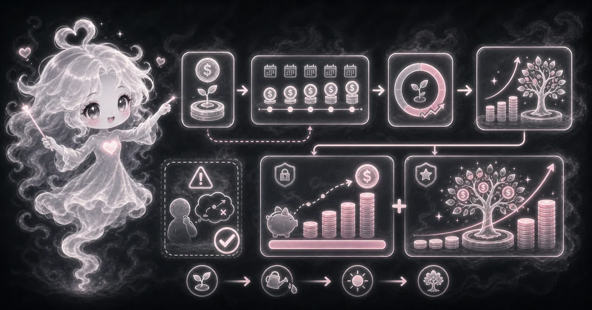 The guide artwork follows the investment walkthrough: starting money, monthly deposits, time, return growth, risk checks, and a future balance. Smoke mascot points from a starter coin sprout through monthly deposit calendars, a growth gauge, risk warning, piggy-bank chart, and a final coin tree.