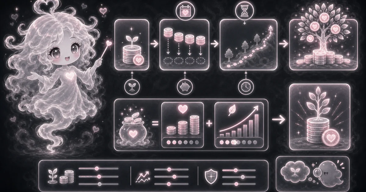 Smoke mascot beside panels for starting money, monthly deposits, time, growth path, contribution and risk sliders, and a final investment plant.