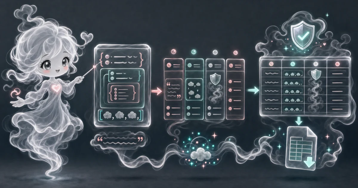The JSON to CSV guide artwork explains nested-field flattening, quoted array cells, spreadsheet protection, and local CSV download as one visual sequence. Full-body smoke-kawaii mascot explaining nested JSON boxes, flattened CSV columns, protected cells, and a downloadable table.