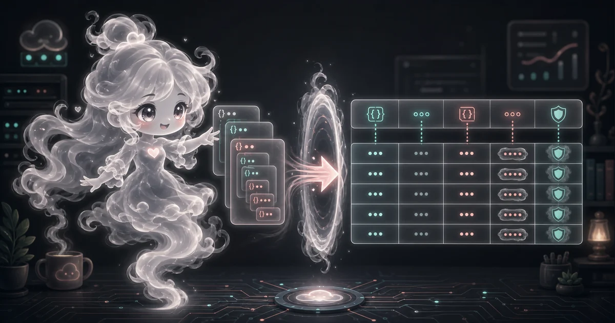 JSON to CSV Converter artwork shows nested object fields becoming columns, arrays staying inside cells, and a shield marking spreadsheet-safe output. Full-body smoke-kawaii mascot guiding nested JSON cards through a conversion portal into protected CSV table columns.