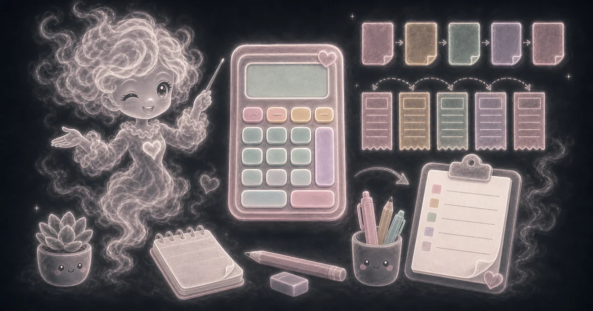 Kawaii Calculator guide artwork sits with the walkthrough for a cute pastel calculator for quick everyday math, including inputs, examples, limits, and mistakes to check. Guide image for Kawaii Calculator showing a cute pastel calculator for quick everyday math with example inputs and result notes.