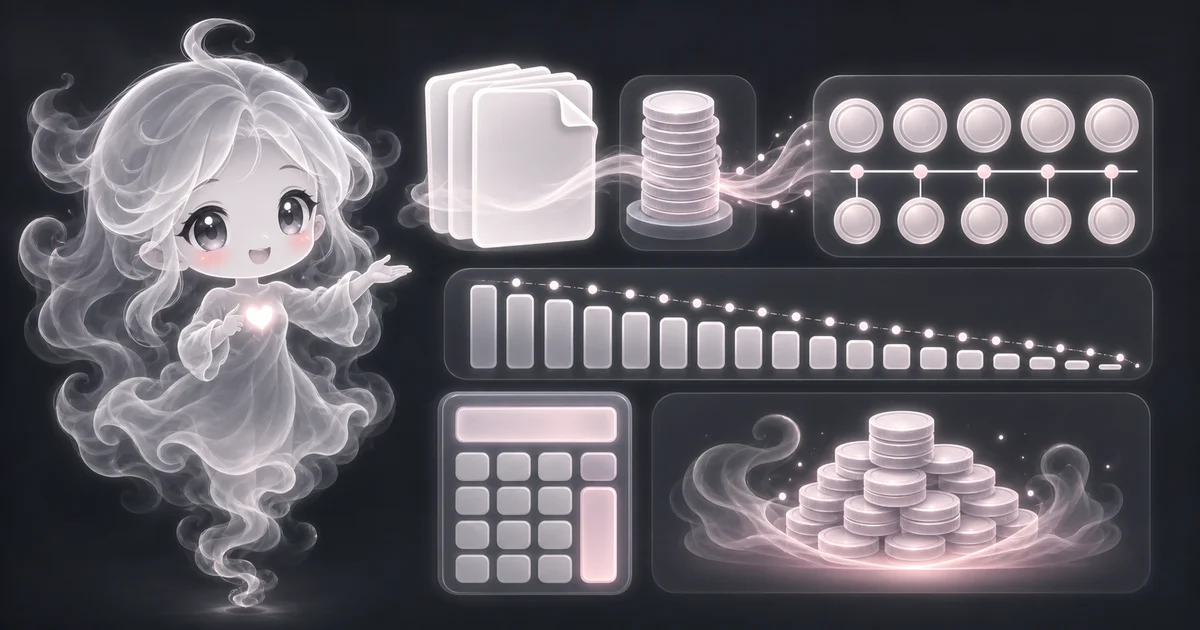 Loan Calculator artwork matches the four live modes: solve for monthly payment, starting loan amount, estimated annual rate, or payoff term, then check total paid and total interest. Smoke-kawaii mascot comparing fixed-loan payment, loan amount, interest rate, payoff term, and total interest cards.