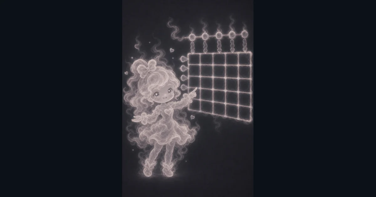 The guide image shows a glowing matrix grid so it matches the walkthrough for rows, columns, transpose, multiplication order, and determinant checks. Smoke mascot pointing at a glowing matrix grid with row and column dots for the Matrix Calculator guide.