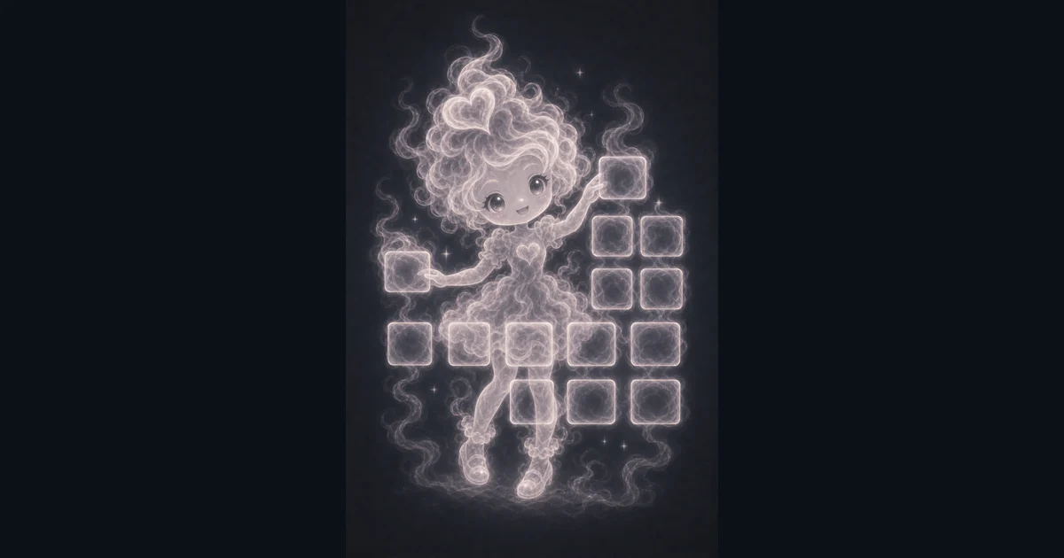 The tool image shows separate glowing matrix cells and grids, matching the live add, subtract, multiply, transpose, and determinant controls. Smoke mascot holding glowing matrix cells beside 2x2 and 3x3 grids for the Matrix Calculator.