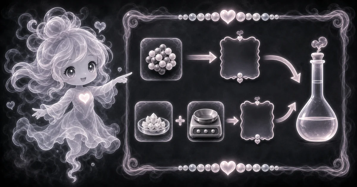 Molarity Calculator guide artwork supports the worked paths from moles or grams to molarity and from molarity to moles or grams. Smoke mascot pointing to solute particles, crystals on a scale, and arrows leading to a volumetric flask.