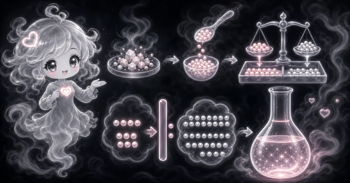 Molarity Calculator artwork supports the four live workflows for molarity, moles, grams, molar mass, and final solution volume in liters or milliliters. Smoke mascot beside solute particles, a balance, volume markings, and a solution flask for molarity, moles, and grams.