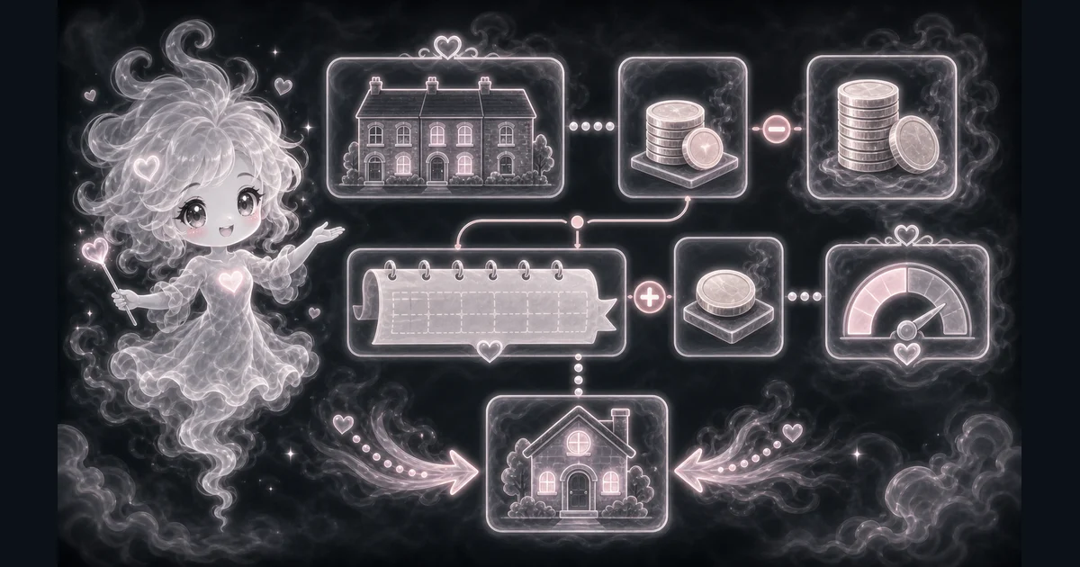 Mortgage Calculator UK guide artwork shows the property-price, deposit, repayment, monthly-fee, LTV, and interest checks from the walkthrough. Smoke mascot reviewing a UK mortgage worksheet with property price, deposit, repayment, monthly fee, loan amount, LTV, and total interest cards.