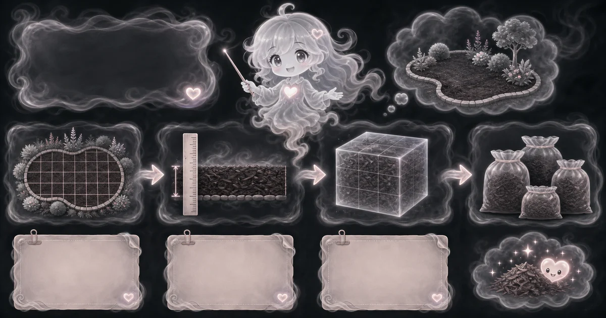 Mulch Calculator guide artwork supports the walkthrough by showing how bed area and depth turn into cubic yards, bag count, and buying checks. Smoke mascot guide showing a bed grid, mulch depth ruler, cubic-yard cube, mulch bags, and finished garden bed in a step-by-step flow.