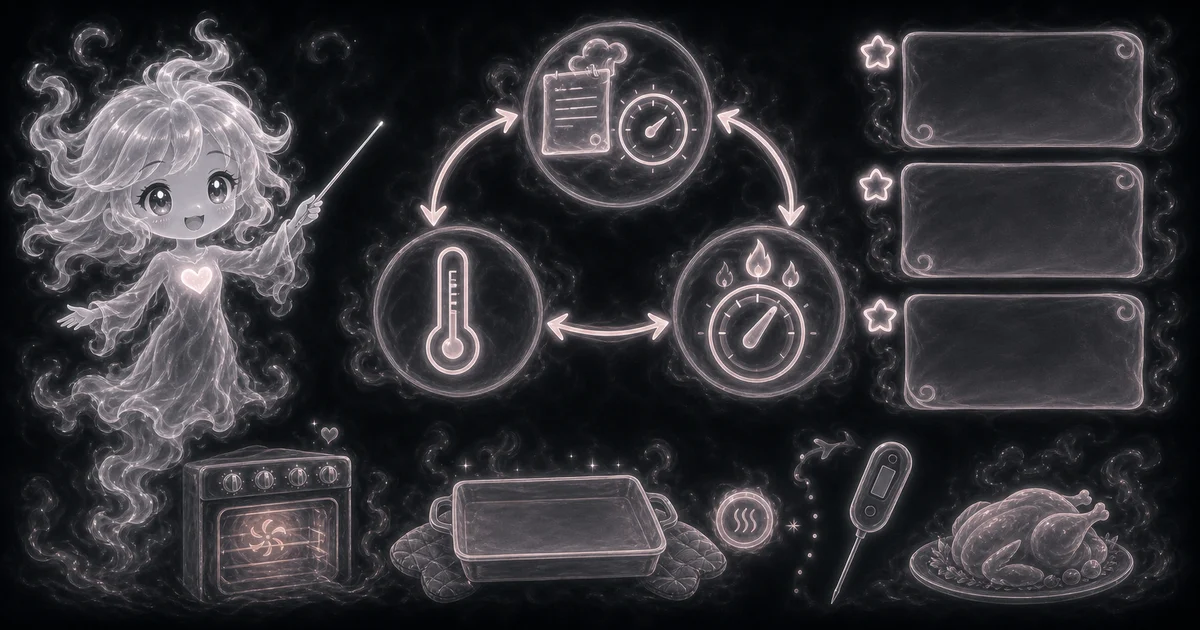 Smoke mascot pointing at recipe notes, a thermometer, gas-flame oven dial, fan oven, baking tray, probe thermometer, and roast for the Oven Temperature Converter guide.