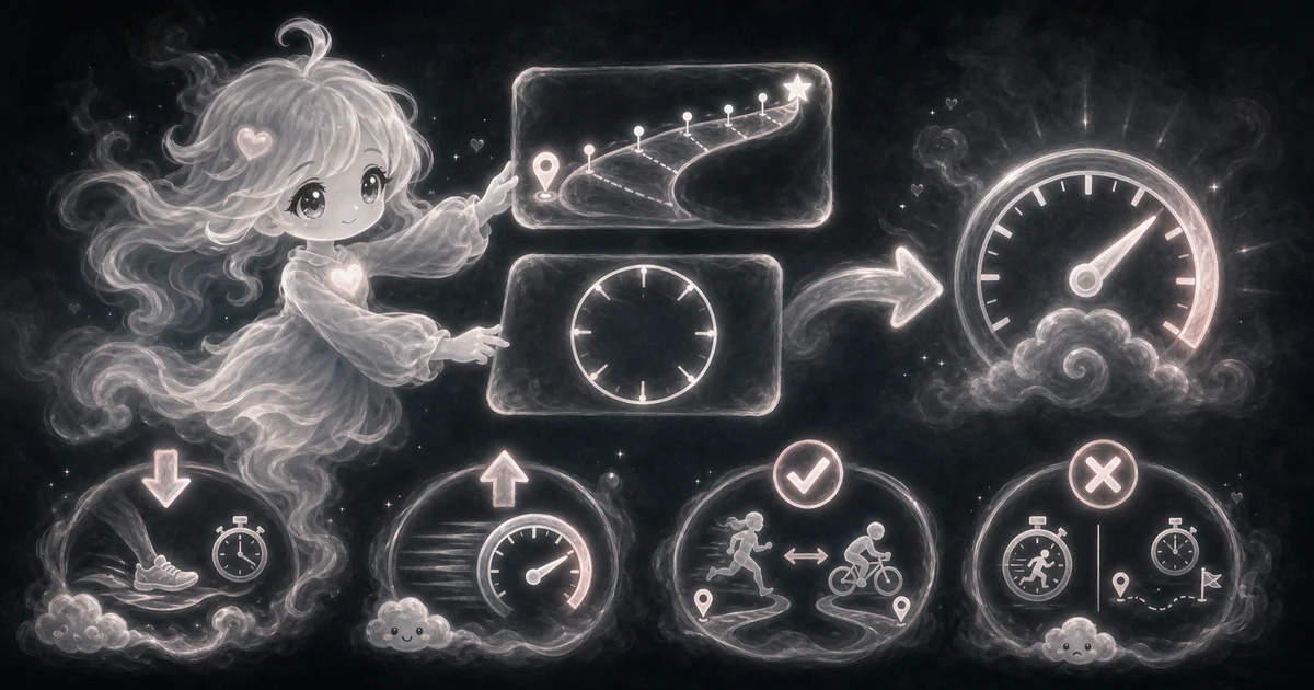 Pace Calculator guide artwork supports the walkthrough for time divided by distance, pace versus speed, moving-time cautions, and exact race examples. Smoke mascot explaining pace math beside 5 km, 25:00, 10 km, 55:30, marathon target, and speed cards.