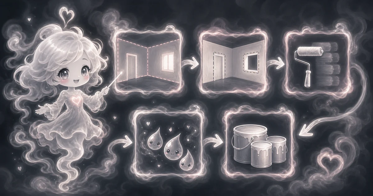 Paint Calculator guide artwork supports the walkthrough for wall area, doors, windows, coats, coverage, extra percent, and paint-label limits. Smoke mascot guide showing wall area, door and window subtraction, paint-label coverage, 302 sq ft paintable, and 2 gallons.