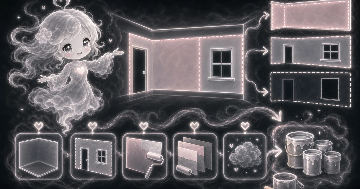 Paint Calculator artwork matches the live workflow: enter room size, openings, coats, coverage, and extra percent to estimate paintable wall area and gallons to buy. Smoke mascot measuring a 12 x 10 ft room with 8 ft walls, doors, windows, 2 coats, 350 sq ft/gal coverage, and 2 gallons.