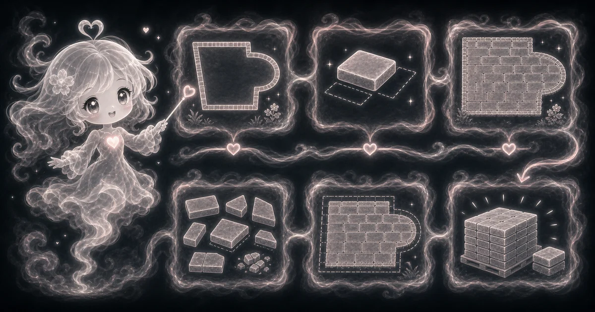 Paver Calculator guide artwork supports the walkthrough by showing how area, paver size, cuts, and waste become a rounded paver count. Smoke mascot guide showing a paver patio outline, one paver size card, filled layout, cut pieces, adjusted area, and a stacked paver order.