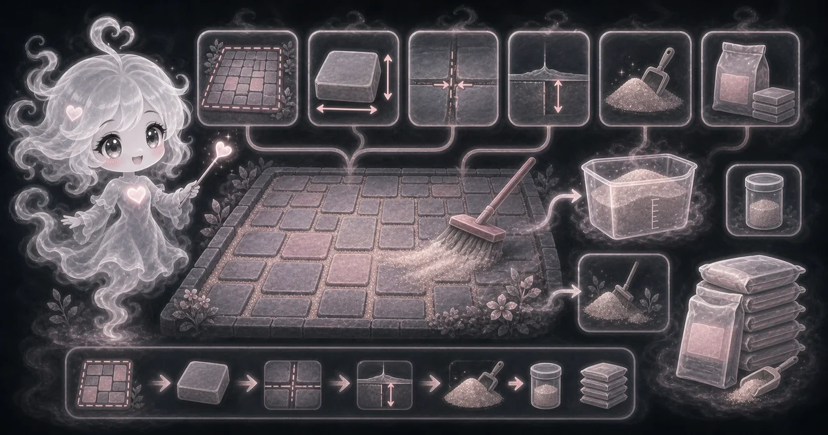 The Polymeric Sand Calculator artwork matches the live tool: enter paver area, joint width, joint depth, waste, and bag coverage to estimate bags. Smoke mascot beside paver joints, a sand bucket, and bag-count cards for the Polymeric Sand Calculator.