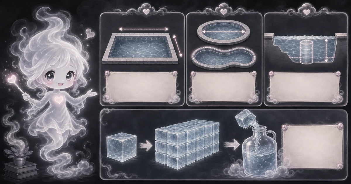 Pool Volume Calculator guide artwork supports the walkthrough by showing how pool shape, average depth, cubic feet, and gallons connect. Smoke mascot guide showing pool shape cards, an average-depth waterline section, cubic-foot water blocks, and a gallon jug.