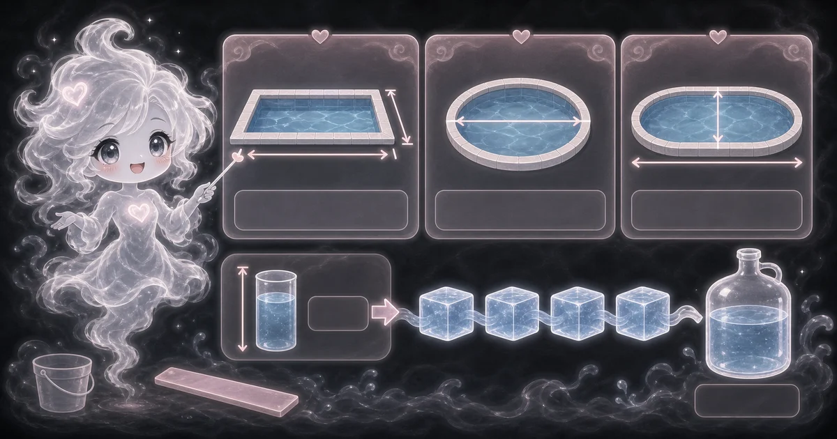 Pool Volume Calculator artwork matches the live workflow: choose pool shape, enter dimensions and average depth, then estimate U.S. gallons. Smoke mascot pointing at rectangular, round, and oval pool cards with depth arrows, water cubes, and a gallon jug for pool volume.