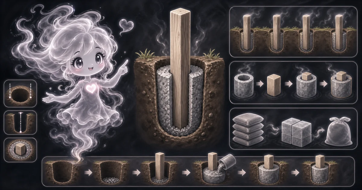 Smoke mascot guide showing round post hole volume, post displacement, concrete per hole, cubic yards, 60 and 80 lb bag counts, and frost-depth limit notes.