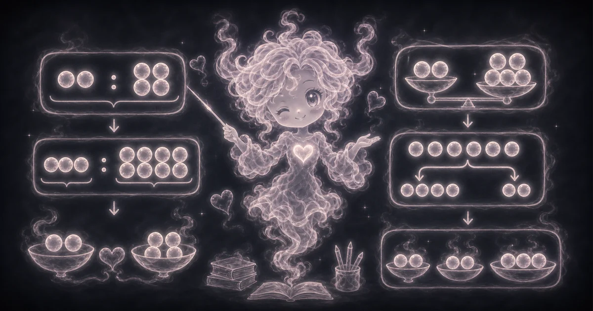 Ratio Calculator guide artwork supports the walkthrough by showing simplify, equivalent-ratio scaling, split-total math, decimal ratios, same-unit checks, and swapped-part mistakes. Smoke mascot explaining ordered ratio parts, same-unit checks, decimal clearing, 4:7 scaling, and 120 split into 48 and 72.