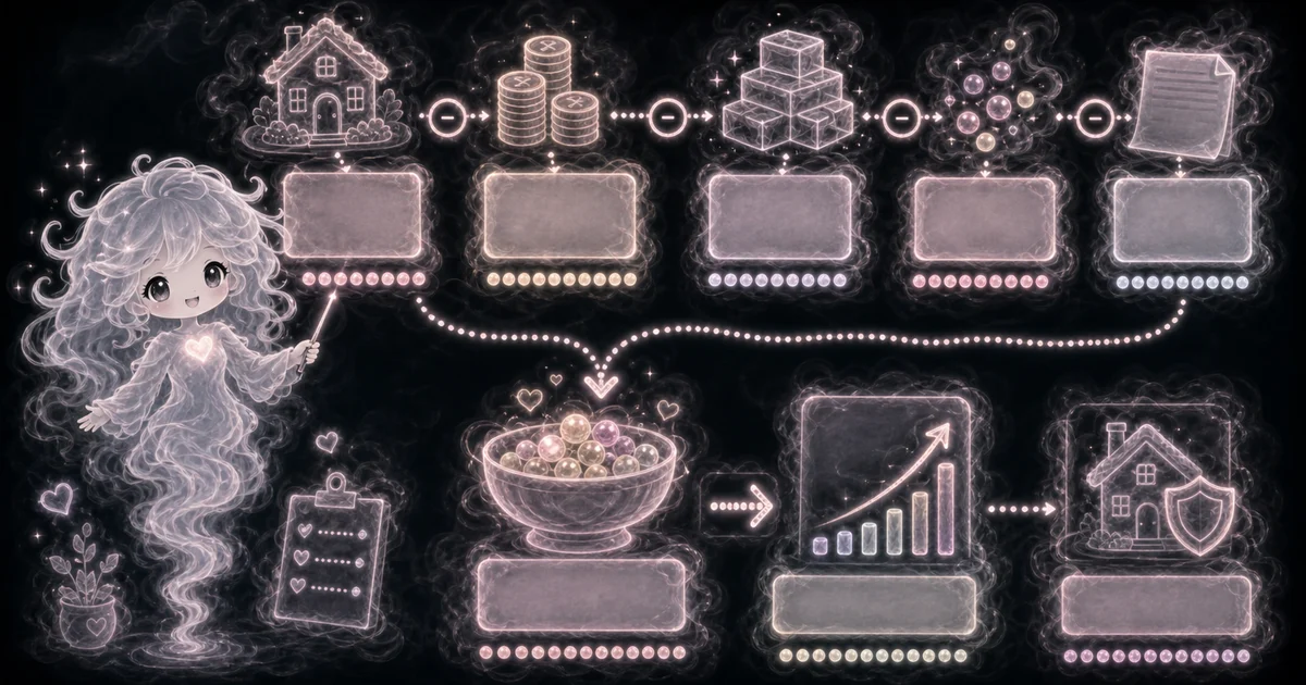 Real Estate Calculator guide artwork supports the walkthrough by showing the visible house, cost blocks, proceeds bowl, chart, and document behind the sale-profit and limit checks. Smoke mascot pointing through a property sale flow with a house, coin stacks, cost blocks, proceeds bowl, rising chart, shielded home, and final document.