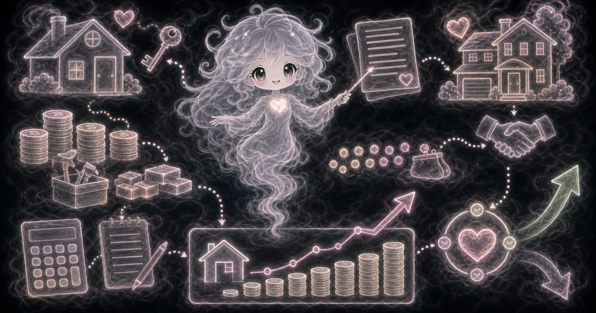 Real Estate Calculator artwork matches the sale-profit workflow: purchase price, cash invested, selling price, selling costs, loan payoff, net proceeds, profit, ROI, and equity multiple. Smoke mascot linking two houses, coin stacks, a calculator, a sale document, a handshake, and a rising chart for a property sale profit estimate.