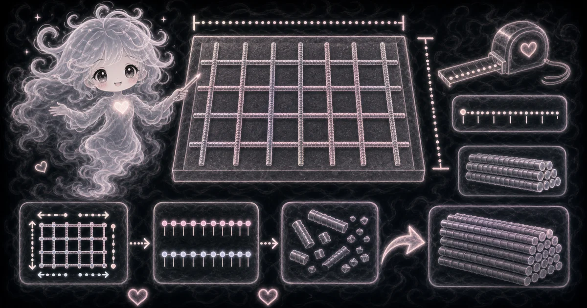 Rebar Calculator artwork matches the live workflow: enter slab length, slab width, bar spacing, stock bar length, and waste to estimate grid counts and stock bars. Smoke mascot pointing at a rectangular slab rebar grid with measuring marks, cut bar pieces, and stacked stock bars.