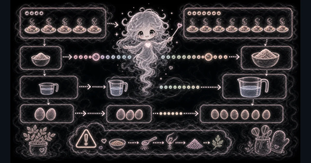 Recipe Scaler guide artwork sits with the walkthrough for scale one recipe ingredient from original servings to the servings you want to make, including inputs, examples, limits, and mistakes to check. Guide image for Recipe Scaler showing one ingredient scaled from original servings to desired servings with example inputs and result notes.