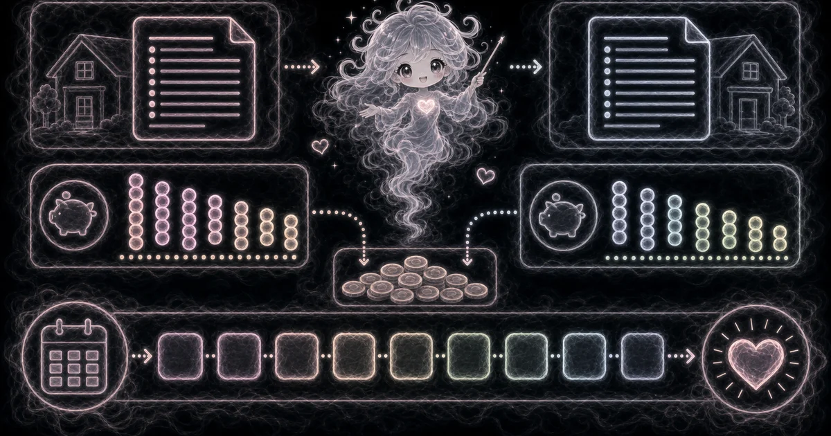 Refinance Calculator artwork matches the workflow: current balance, current rate, new rate, new term, closing costs, new payment, monthly savings, break-even time, and total cost change. Smoke mascot comparing a current $280,000 loan with a 5.9 percent refinance, rolled closing costs, new payment, monthly savings, break-even months, and total cost change cards.