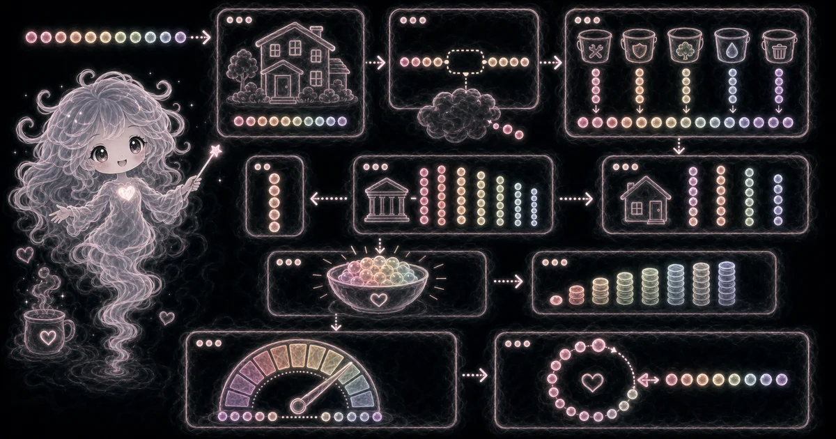 Rental Property Calculator guide artwork supports the walkthrough by showing rent, vacancy, expenses, loan payment, NOI, cash flow, cap rate, and cash-on-cash return as separate steps. Smoke mascot beside a rental-property flow with house cards, rent dots, expense buckets, loan columns, NOI bowl, coin stacks, and return gauge.