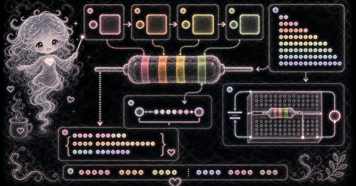 Resistor Calculator guide artwork supports the walkthrough for band direction, multiplier color, tolerance math, examples, limits, and multimeter checks. Guide image for Resistor Calculator showing 4-band color-code examples, ohm values, tolerance range, and multimeter check notes.